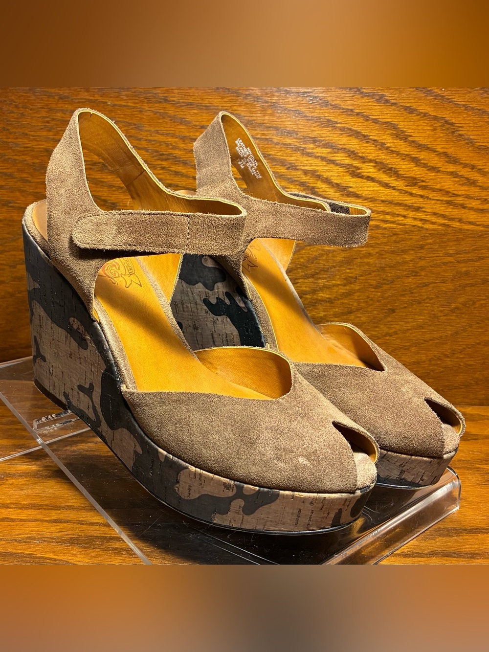 Nine West Vintage America Suede Cork Camo Platform Wedge Sandals Brown Size 7.5